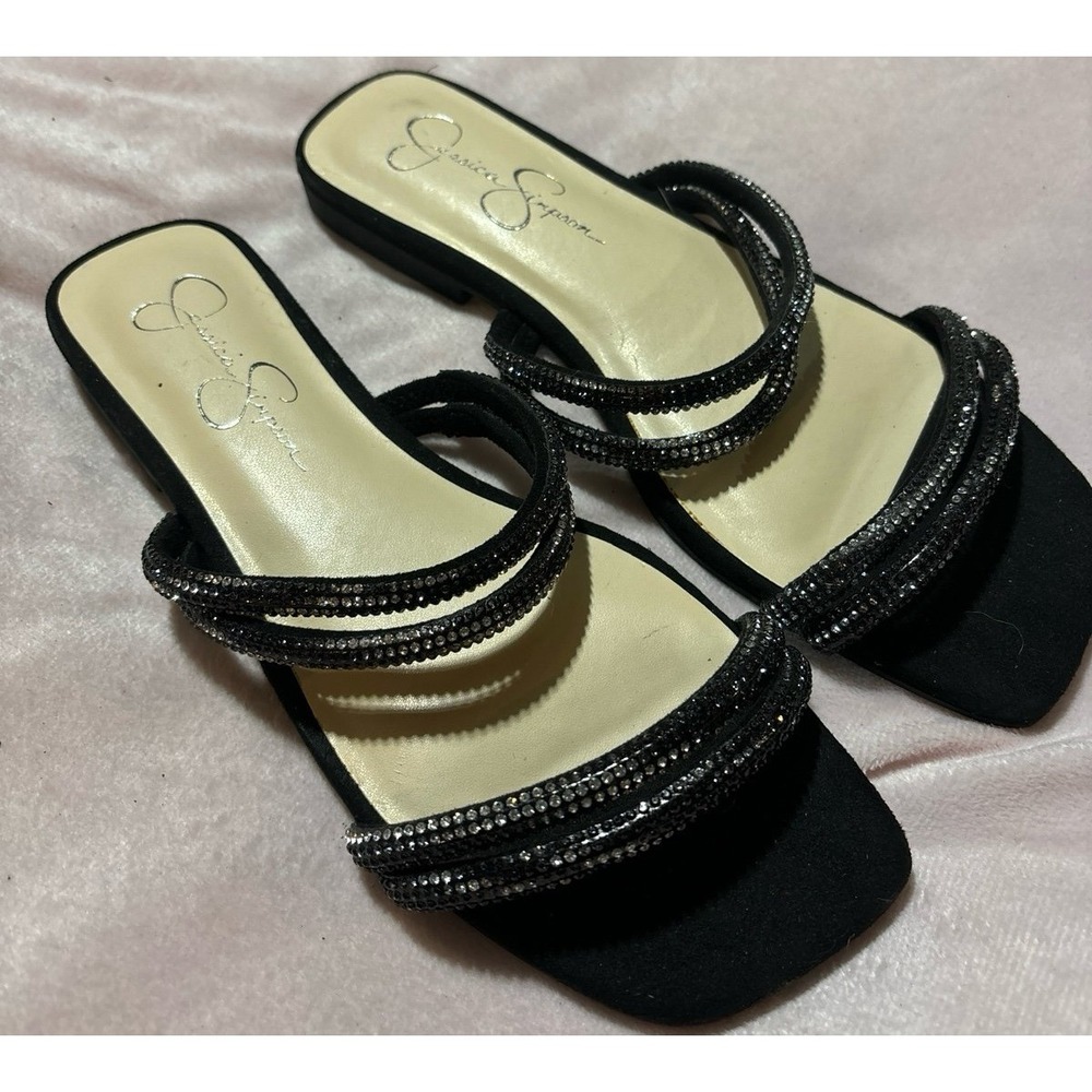 Jessica Simpson Black Microsuede Jewelwed Bling Flat‎ Sandals, 7.5